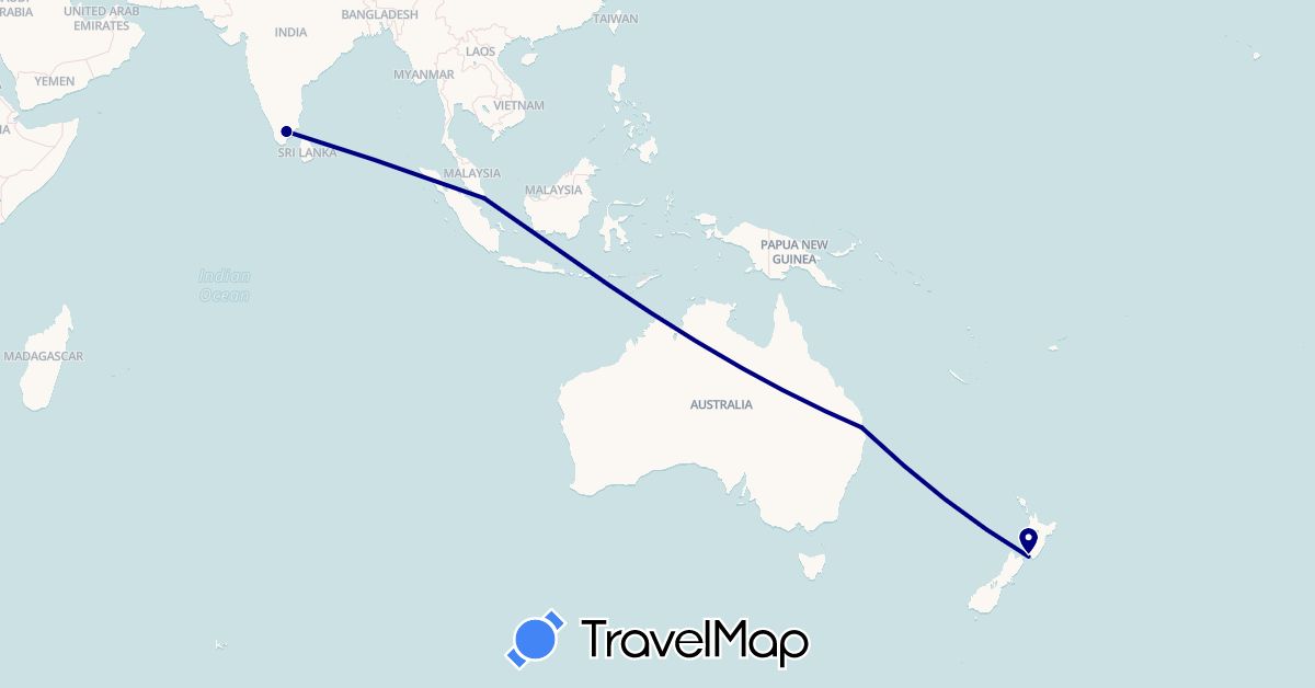 TravelMap itinerary: driving in Australia, India, New Zealand, Singapore (Asia, Oceania)